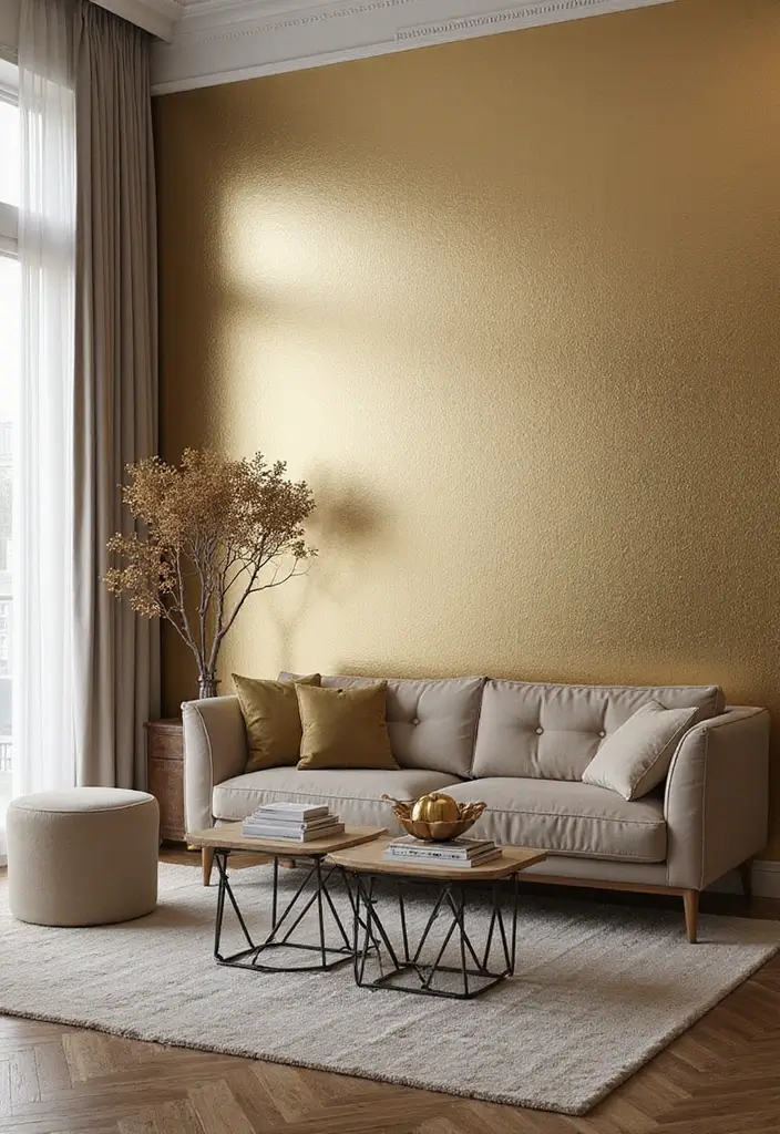 28 Gold Accent Living Room Ideas That Add Shine and Glamour - 16. Gold Accent Wallpaper