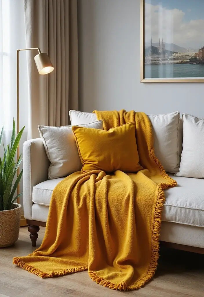 28 Gold Accent Living Room Ideas That Add Shine and Glamour - 17. Gold Throw Blankets