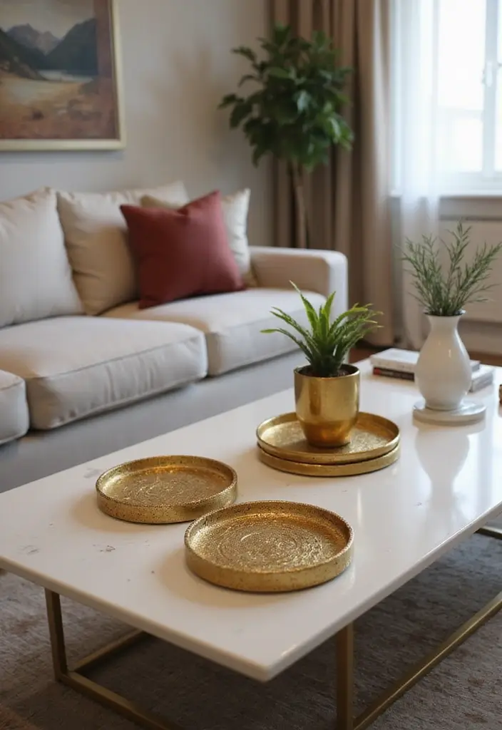 28 Gold Accent Living Room Ideas That Add Shine and Glamour - 19. Gold Coasters