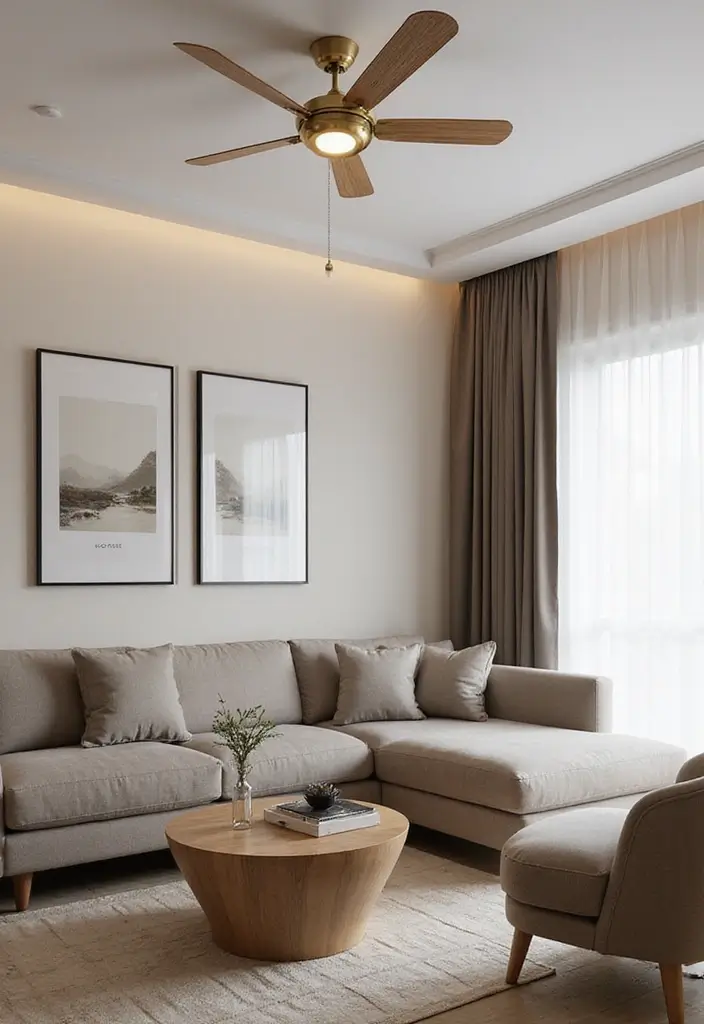 28 Gold Accent Living Room Ideas That Add Shine and Glamour - 22. Gold Accent Ceiling Fans