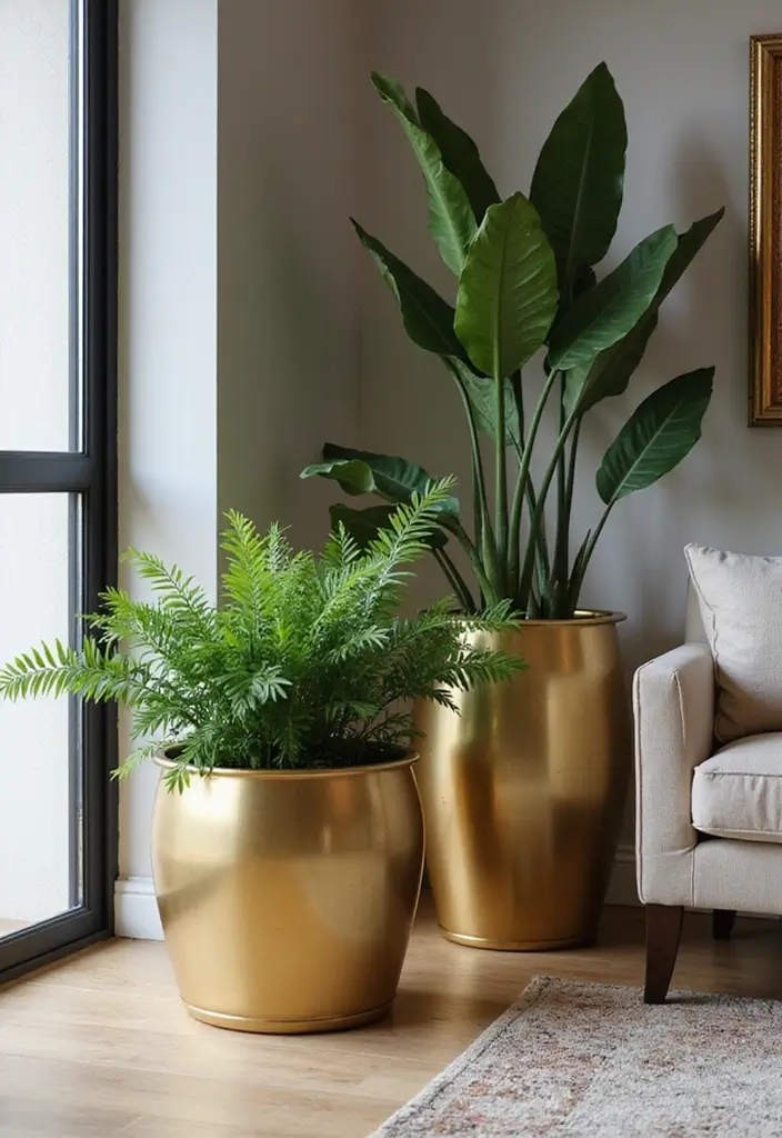 28 Gold Accent Living Room Ideas That Add Shine and Glamour - 23. Gold Accent Plants