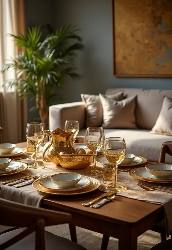 28 Gold Accent Living Room Ideas That Add Shine and Glamour - 27. Gold Accent Tableware