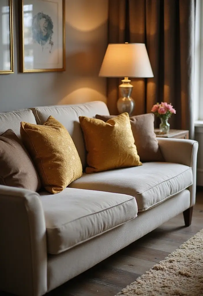 28 Gold Accent Living Room Ideas That Add Shine and Glamour - 3. Metallic Throw Pillows