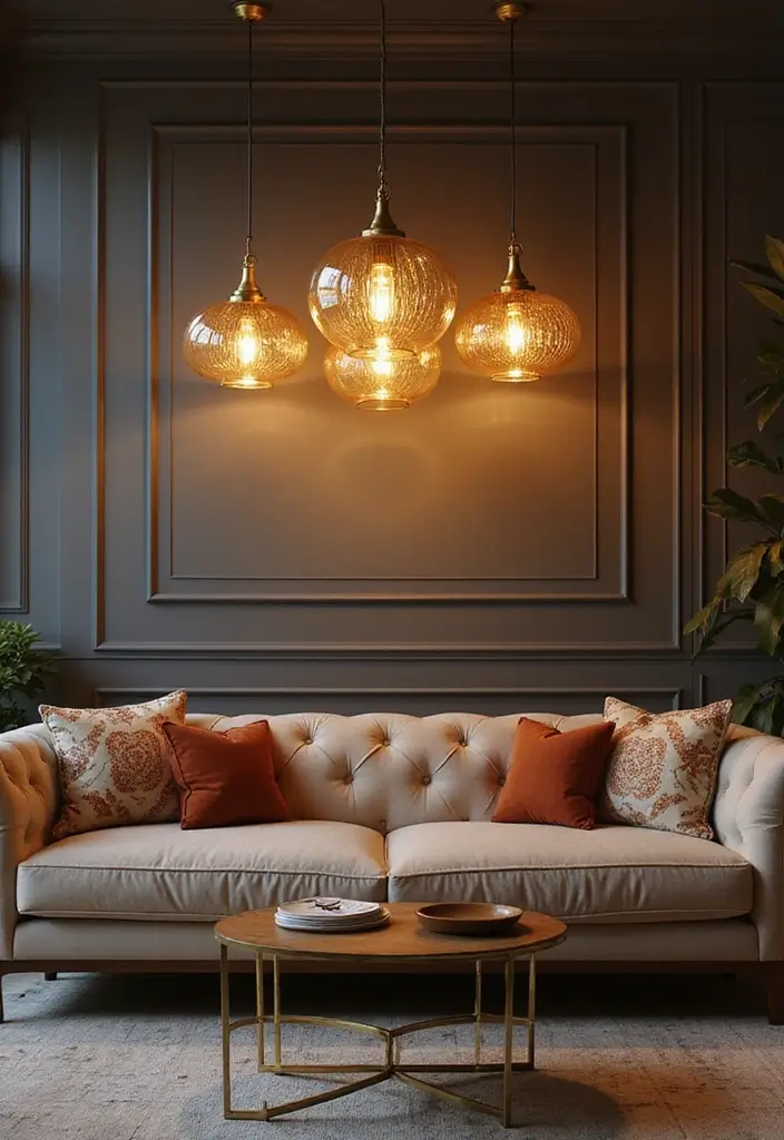28 Gold Accent Living Room Ideas That Add Shine and Glamour - 4. Gold Lighting Fixtures