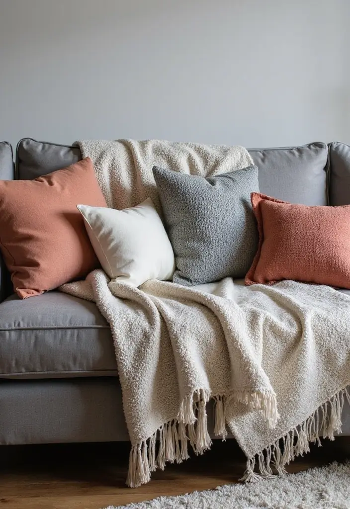 28 Grey Couch Boho Living Room Ideas That Feel Calm and Eclectic - 1. Layered Textures