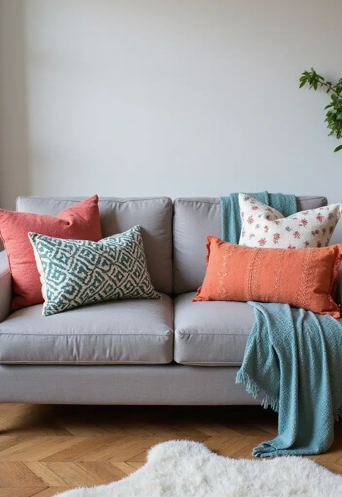 28 Grey Couch Boho Living Room Ideas That Feel Calm and Eclectic - 10. Throw Pillows Galore