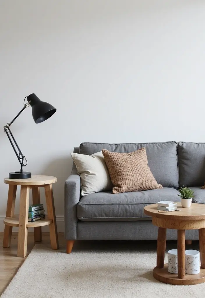 28 Grey Couch Boho Living Room Ideas That Feel Calm and Eclectic - 12. Unique Side Tables