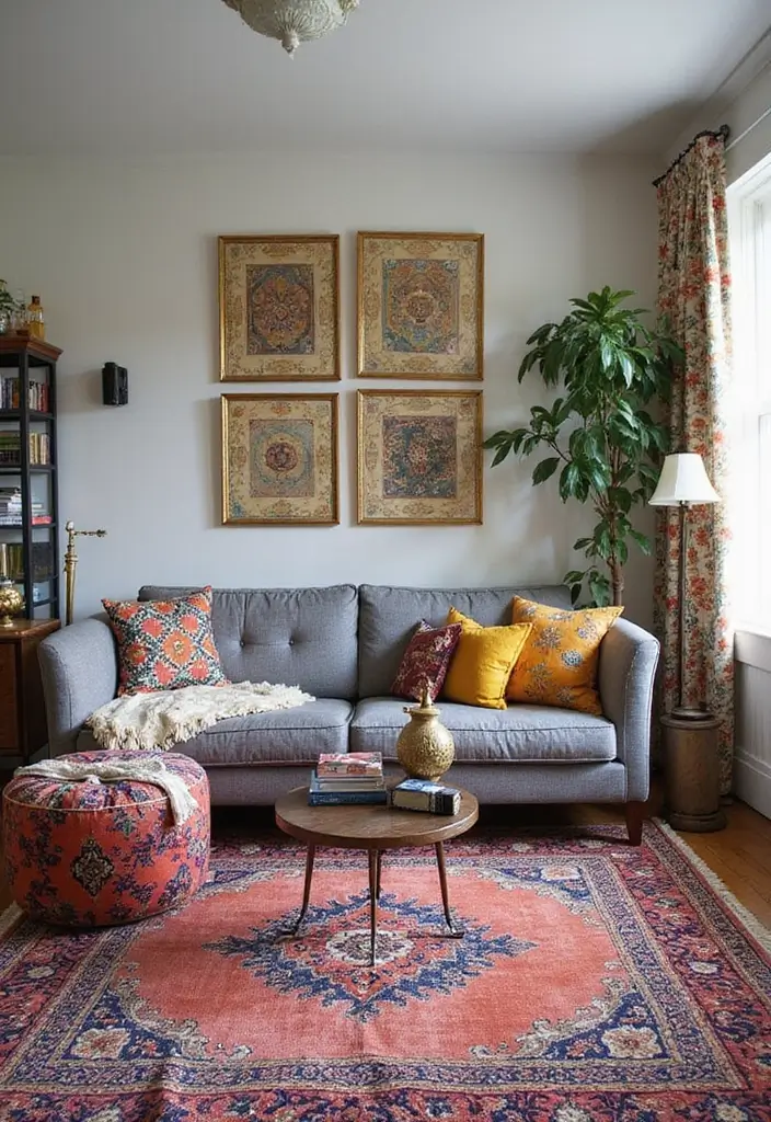 28 Grey Couch Boho Living Room Ideas That Feel Calm and Eclectic - 15. Play with Patterns