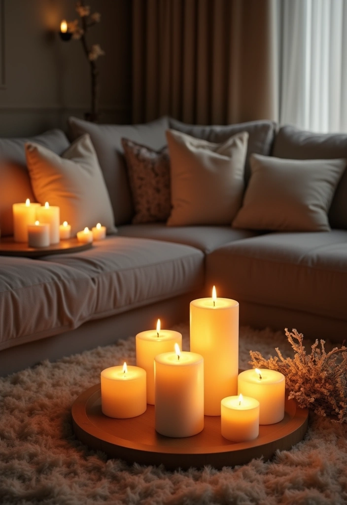 28 Grey Couch Boho Living Room Ideas That Feel Calm and Eclectic - 19. Pillar Candles for Ambiance