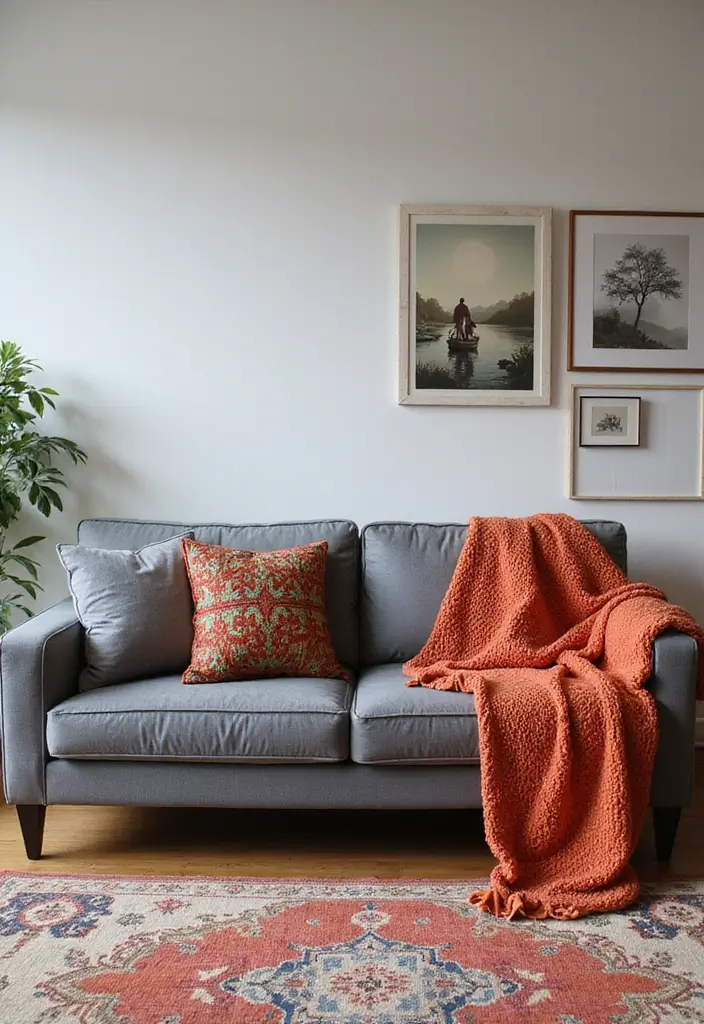 28 Grey Couch Boho Living Room Ideas That Feel Calm and Eclectic - 20. Colorful Throws