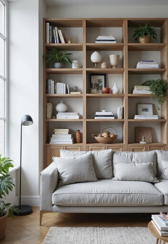 28 Grey Couch Boho Living Room Ideas That Feel Calm and Eclectic - 21. Open Shelving