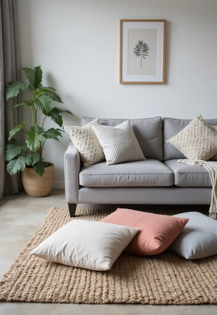 28 Grey Couch Boho Living Room Ideas That Feel Calm and Eclectic - 22. Floor Cushions