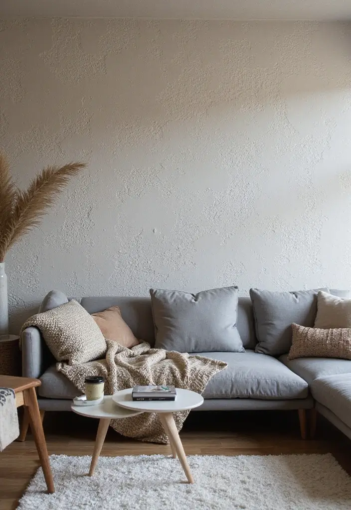28 Grey Couch Boho Living Room Ideas That Feel Calm and Eclectic - 23. Textured Wall Treatments