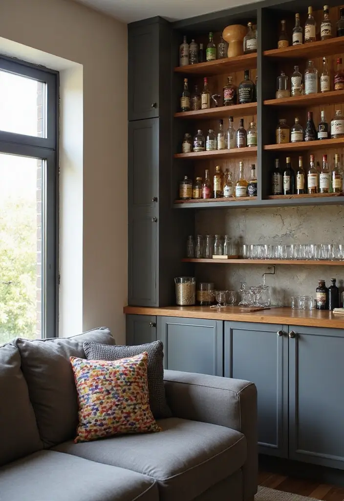 28 Grey Couch Boho Living Room Ideas That Feel Calm and Eclectic - 24. Cozy Corner Bar