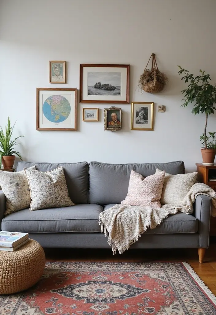 28 Grey Couch Boho Living Room Ideas That Feel Calm and Eclectic - 25. Wanderlust-Inspired Decor