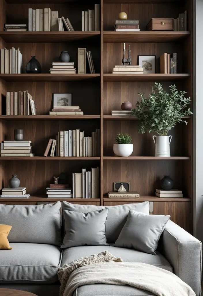 28 Grey Couch Boho Living Room Ideas That Feel Calm and Eclectic - 26. Artsy Bookshelves