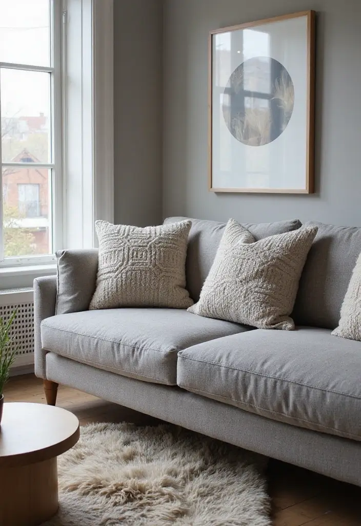 28 Grey Couch Boho Living Room Ideas That Feel Calm and Eclectic - 27. Boucle Accents