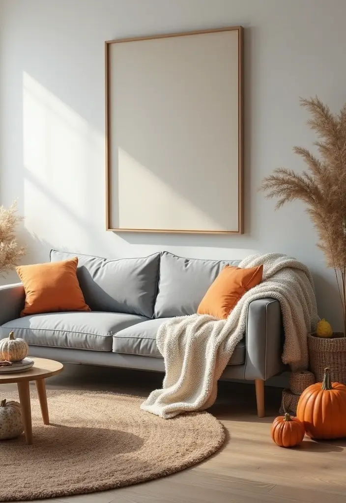 28 Grey Couch Boho Living Room Ideas That Feel Calm and Eclectic - 28. Seasonal Decor Switches