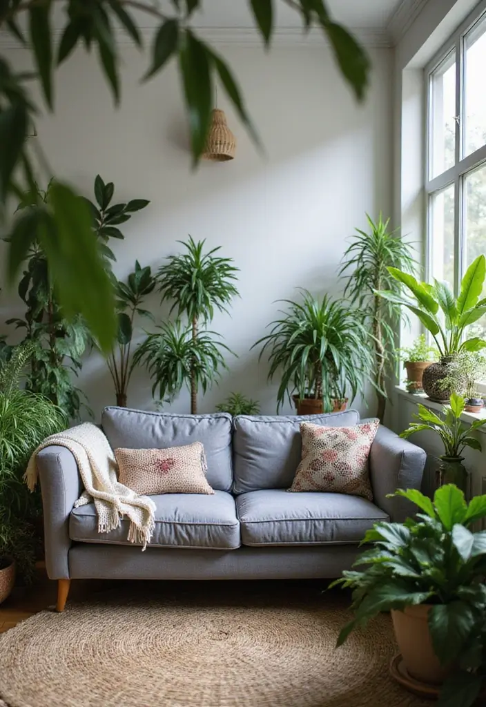 28 Grey Couch Boho Living Room Ideas That Feel Calm and Eclectic - 3. Go Green with Plants