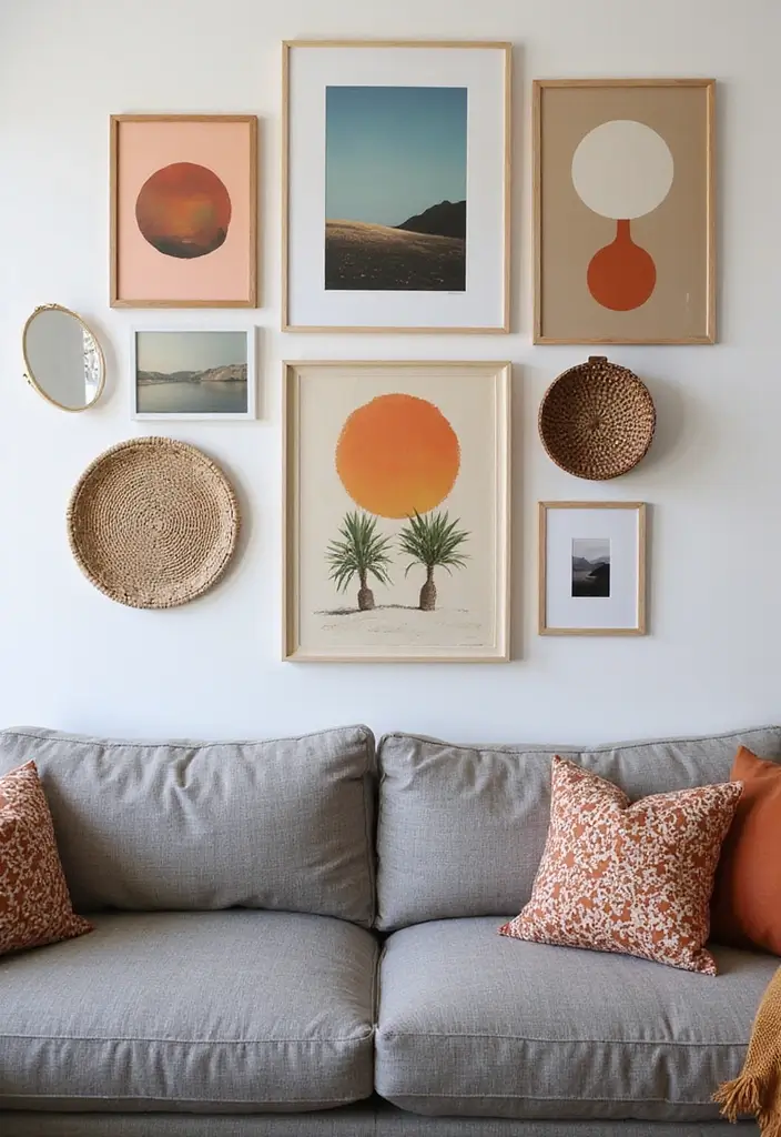 28 Grey Couch Boho Living Room Ideas That Feel Calm and Eclectic - 5. Artful Wall Decor