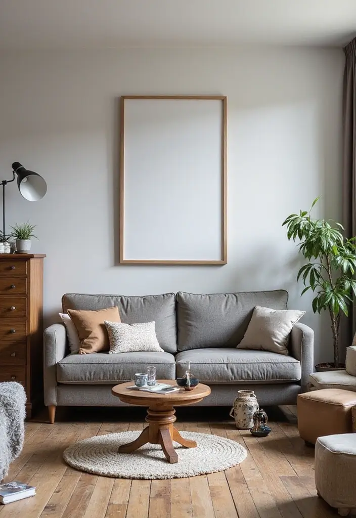 28 Grey Couch Boho Living Room Ideas That Feel Calm and Eclectic - 7. Mix and Match Furniture