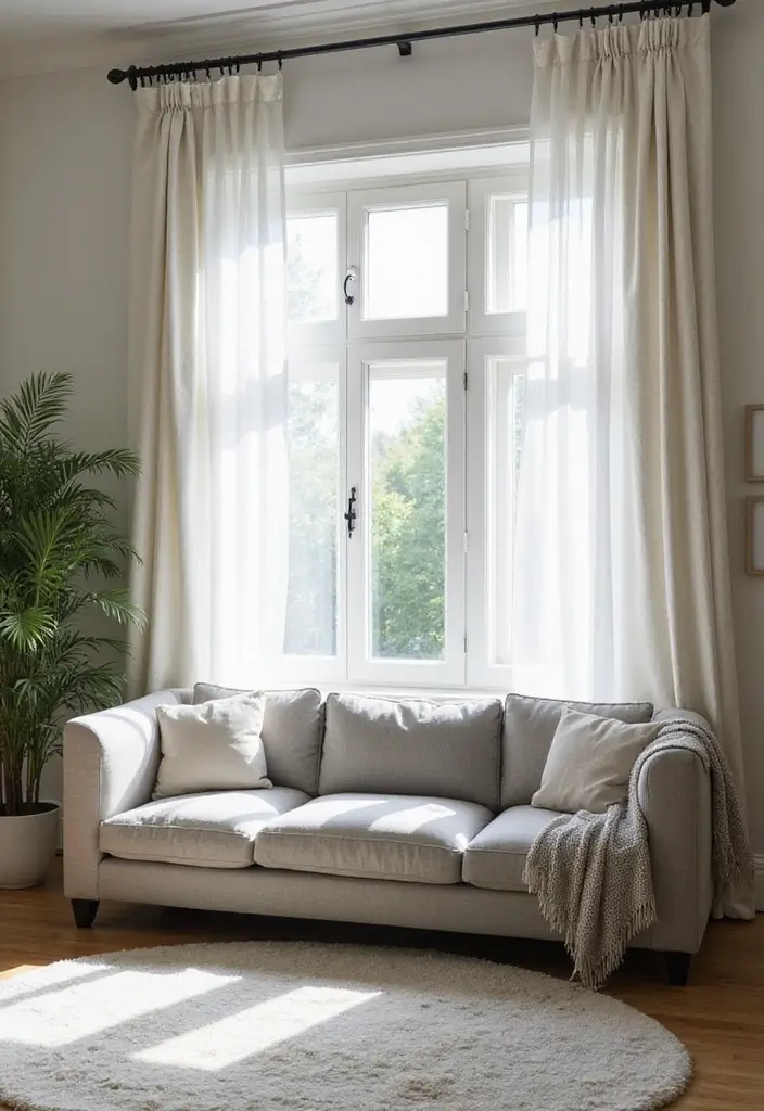 28 Grey Couch Boho Living Room Ideas That Feel Calm and Eclectic - 8. Layered Window Treatments