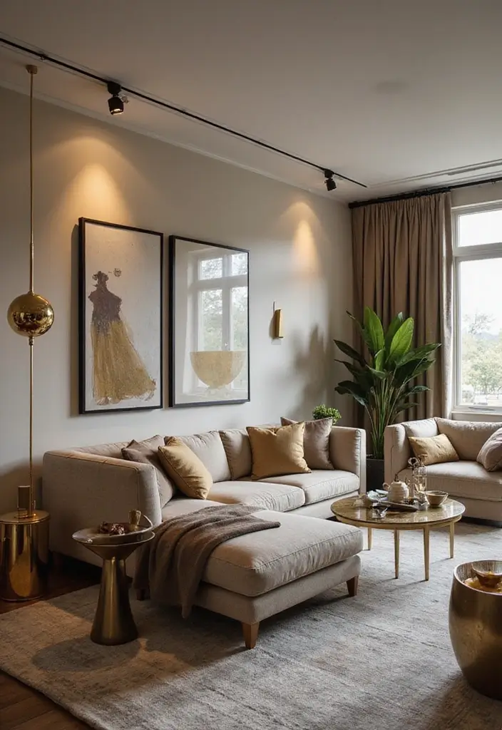 28 Kelly Wearstler Living Room Ideas That Feel Artistic and Glamorous - 8. Incorporating Metallic Accents