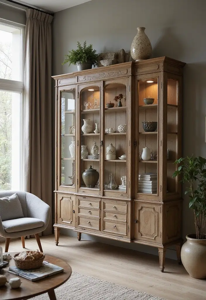 28 Living Room Cabinet Ideas That Add Storage and Style - 10. Vintage-Inspired Display Cabinets