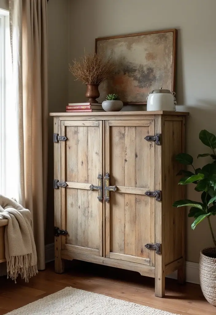 28 Living Room Cabinet Ideas That Add Storage and Style - 8. Rustic Cabinets with Character