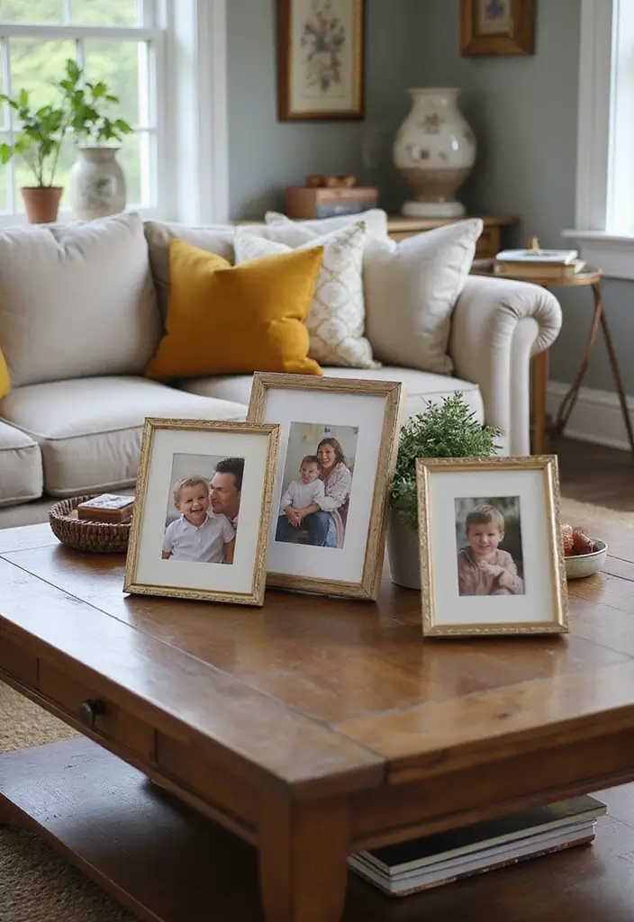 28 Living Room Coffee Table Ideas That Feel Polished and Functional - 17. Personal Touch with Family Photos