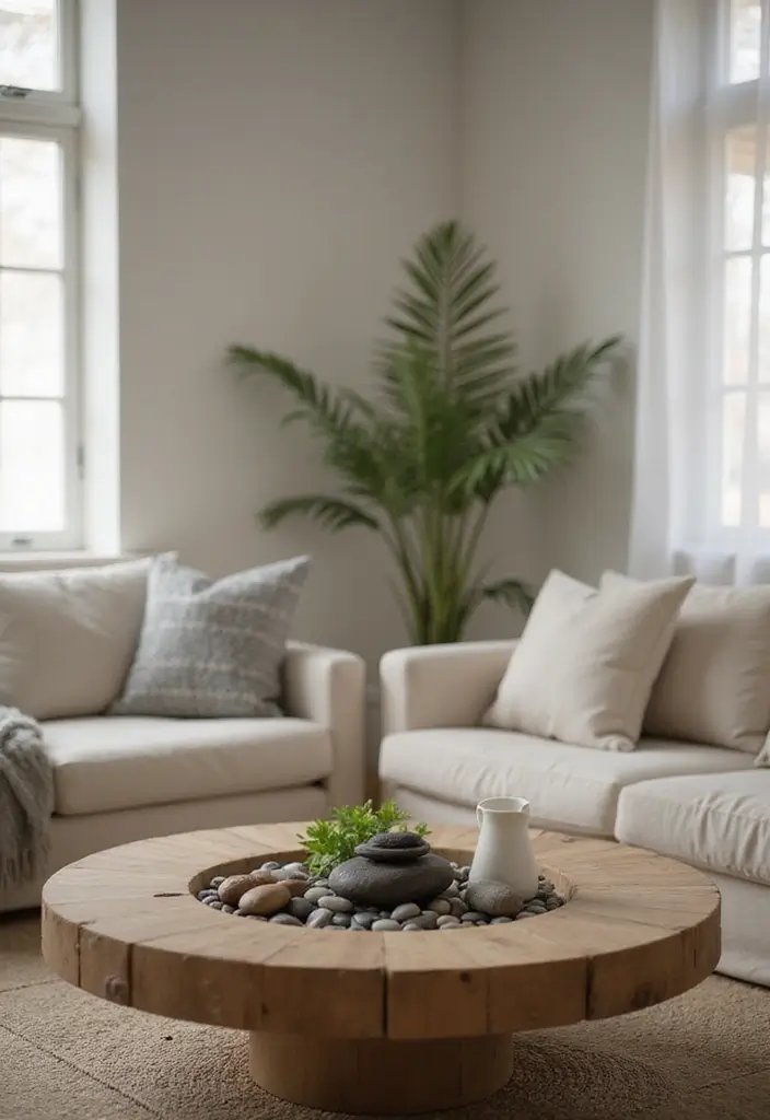 28 Living Room Coffee Table Ideas That Feel Polished and Functional - 18. Minimalist Zen Coffee Table