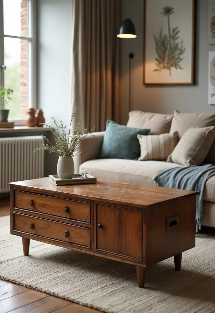 28 Living Room Coffee Table Ideas That Feel Polished and Functional - 21. Vintage-Inspired Coffee Table