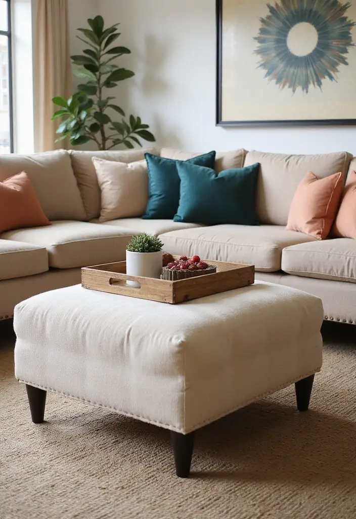 28 Living Room Coffee Table Ideas That Feel Polished and Functional - 3. Multifunctional Ottoman Coffee Table