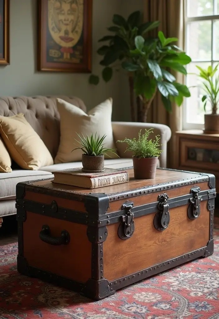 28 Living Room Coffee Table Ideas That Feel Polished and Functional - 8. Vintage Trunk Coffee Table