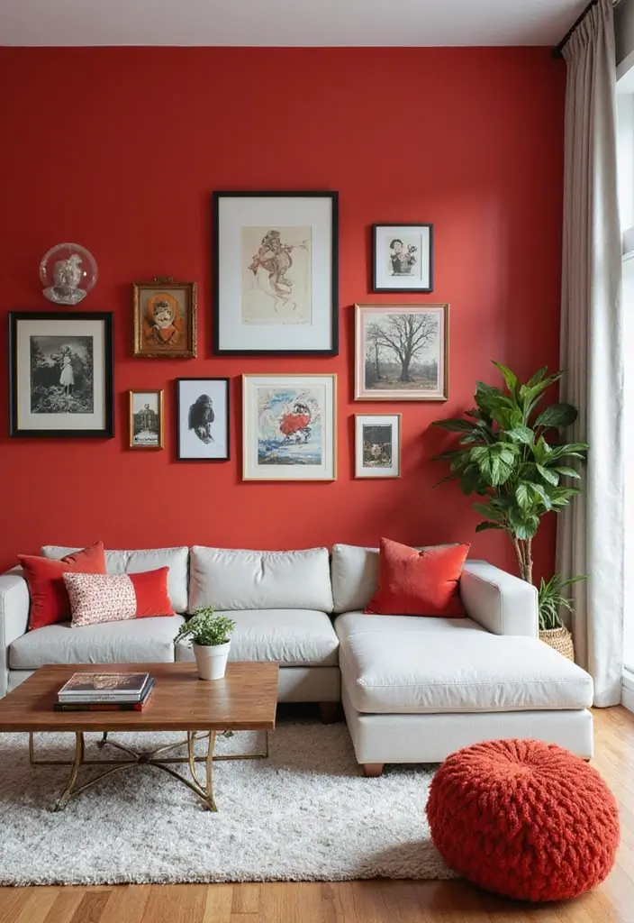 28 Living Room Red Ideas That Feel Energetic and Bold - 1. Bold Red Accent Wall