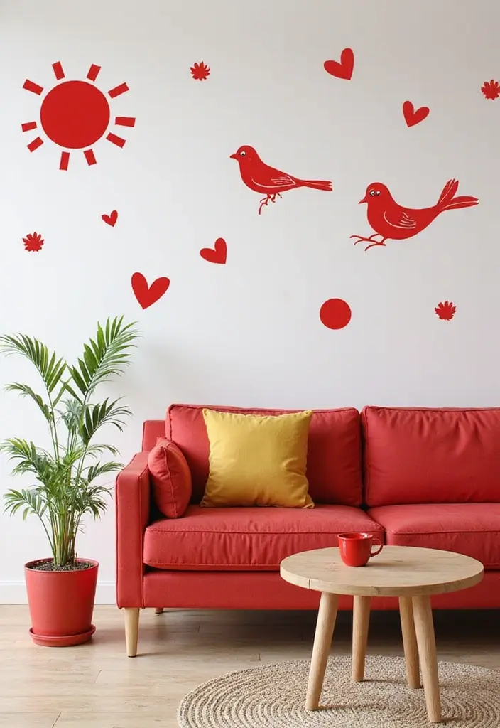 28 Living Room Red Ideas That Feel Energetic and Bold - 10. Red Wall Decals