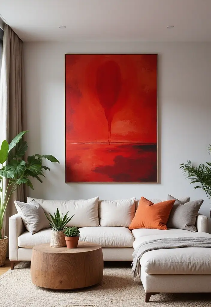 28 Living Room Red Ideas That Feel Energetic and Bold - 12. Vibrant Red Wall Art