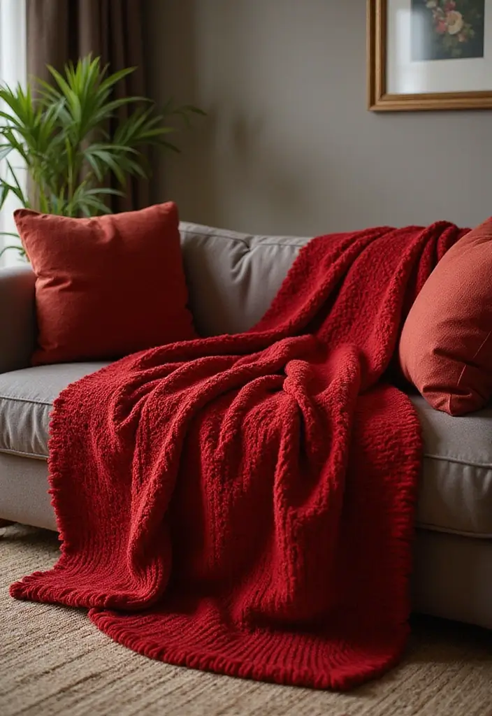 28 Living Room Red Ideas That Feel Energetic and Bold - 13. Cozy Red Blankets