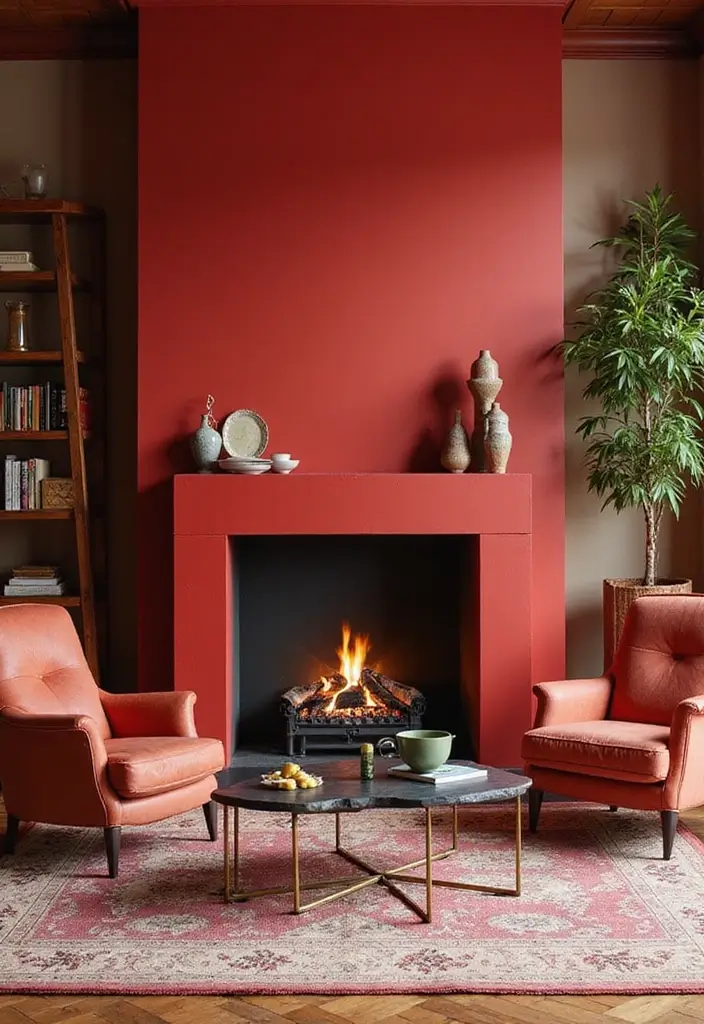28 Living Room Red Ideas That Feel Energetic and Bold - 14. Statement Red Fireplace