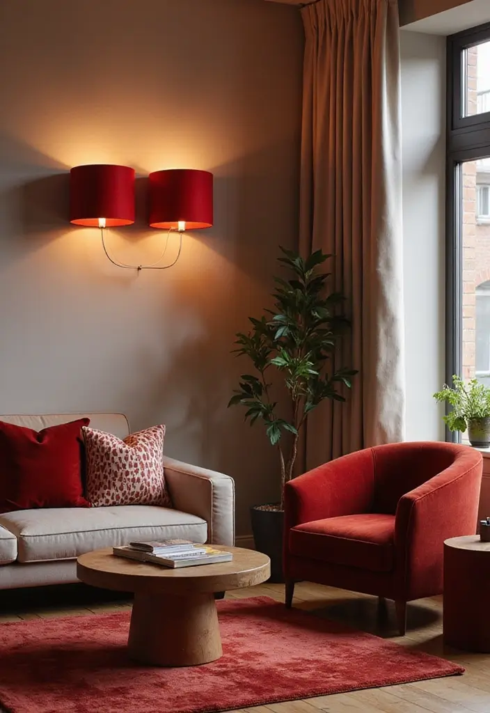 28 Living Room Red Ideas That Feel Energetic and Bold - 15. Dynamic Red Wall Sconces