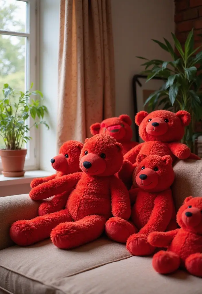 28 Living Room Red Ideas That Feel Energetic and Bold - 17. Playful Red Stuffed Animals