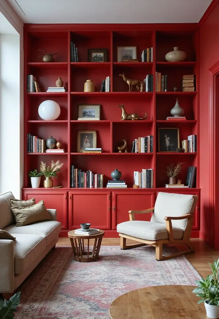 28 Living Room Red Ideas That Feel Energetic and Bold - 18. Red Bookshelves