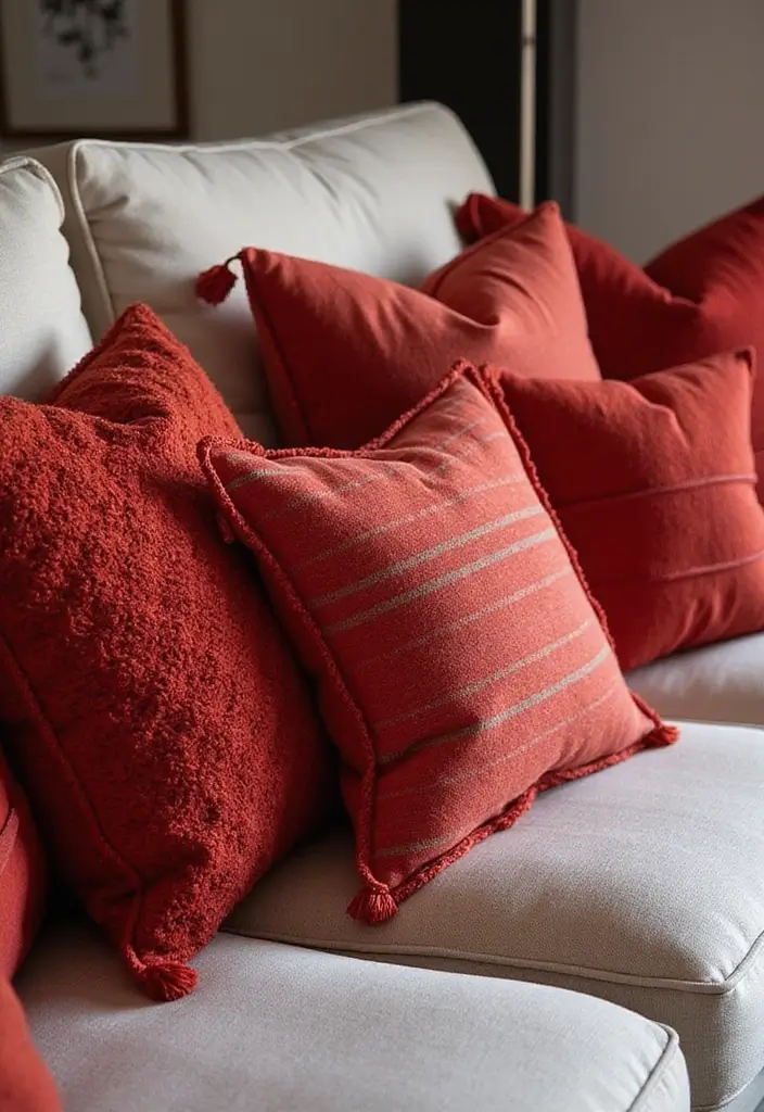 28 Living Room Red Ideas That Feel Energetic and Bold - 2. Inviting Red Throw Pillows