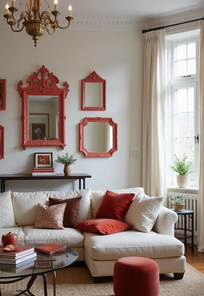 28 Living Room Red Ideas That Feel Energetic and Bold - 20. Red Decorative Mirrors
