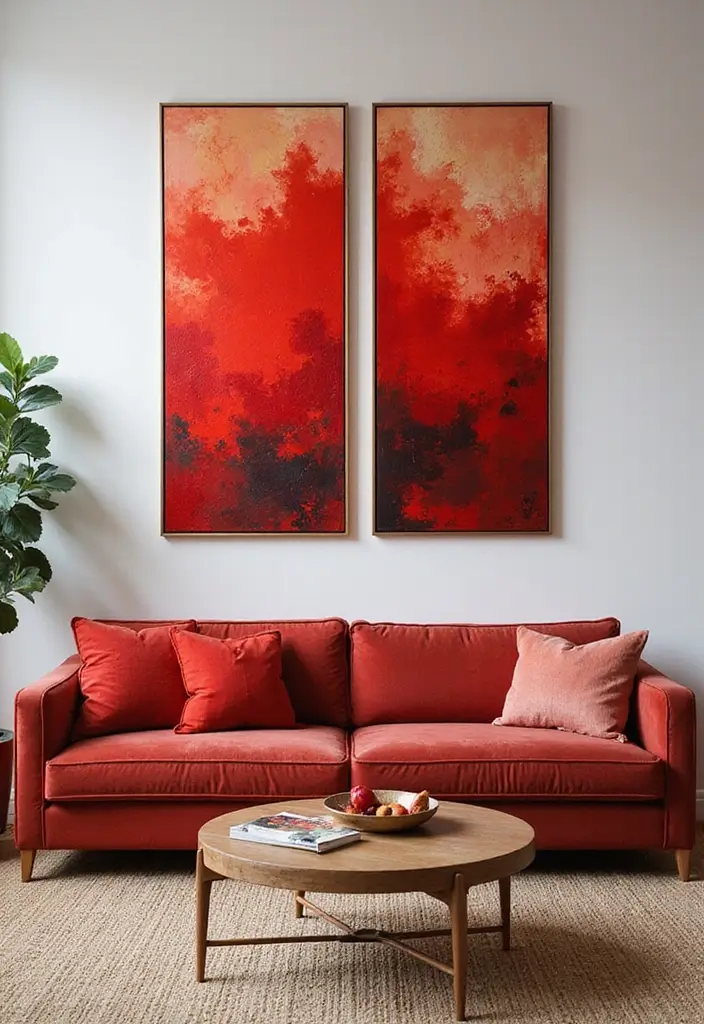 28 Living Room Red Ideas That Feel Energetic and Bold - 21. Red Accent Paintings