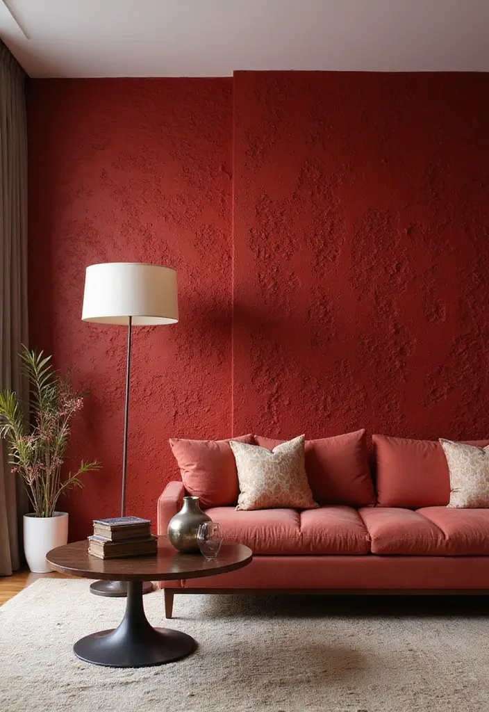 28 Living Room Red Ideas That Feel Energetic and Bold - 23. Textured Red Wall Treatments
