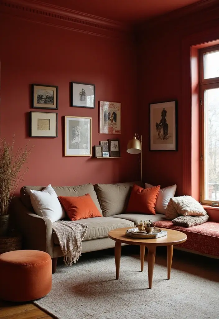 28 Living Room Red Ideas That Feel Energetic and Bold - 24. Rich Red Accent Walls in Nooks