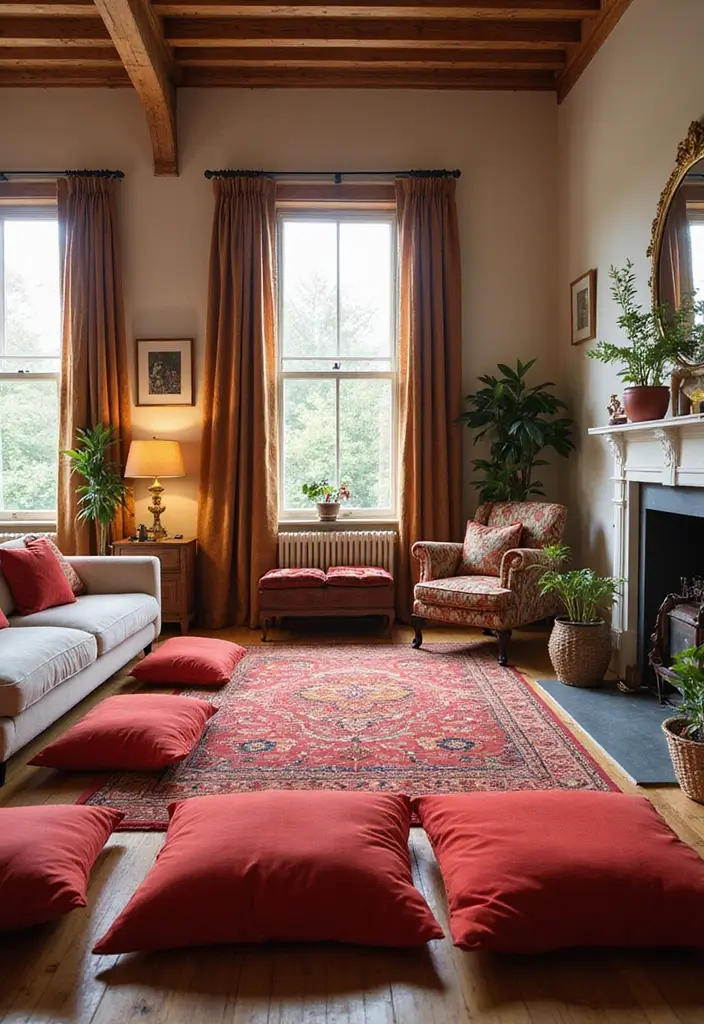 28 Living Room Red Ideas That Feel Energetic and Bold - 26. Cozy Red Floor Cushions