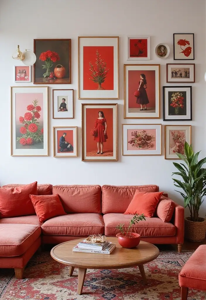 28 Living Room Red Ideas That Feel Energetic and Bold - 27. Red Gallery Wall