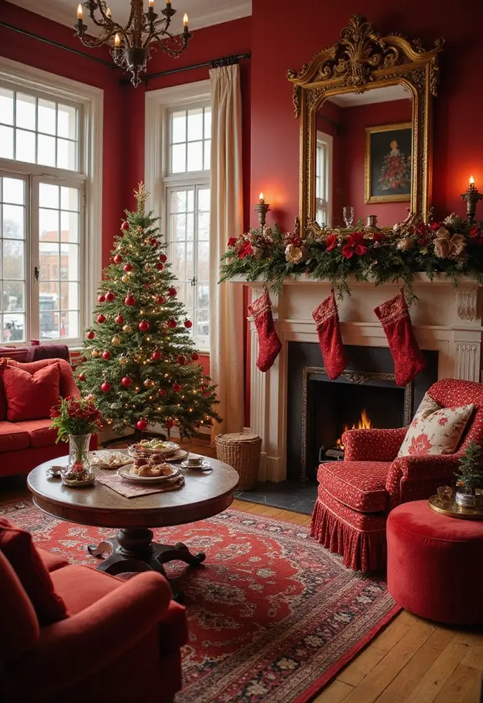 28 Living Room Red Ideas That Feel Energetic and Bold - 28. Red-Themed Seasonal Decor